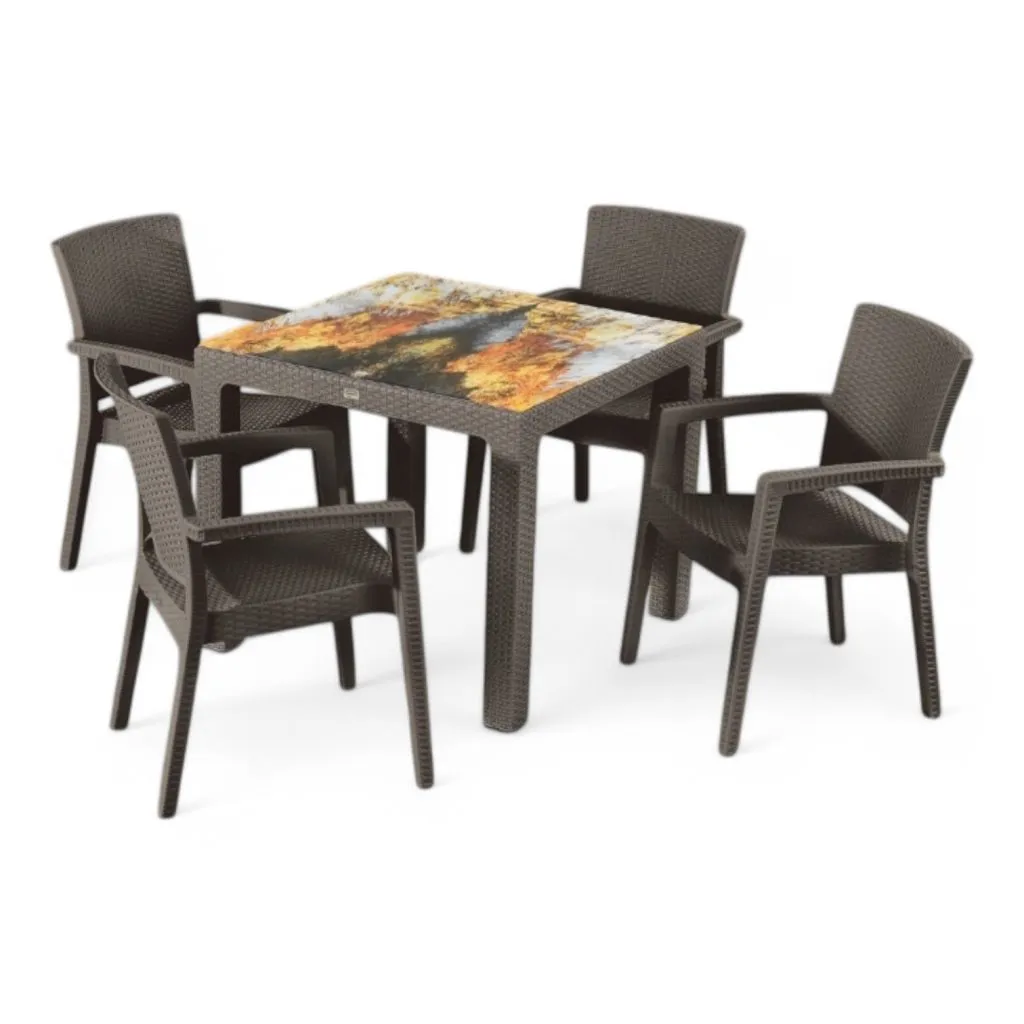 Rattan asztal színes üveg 90x90cm barna