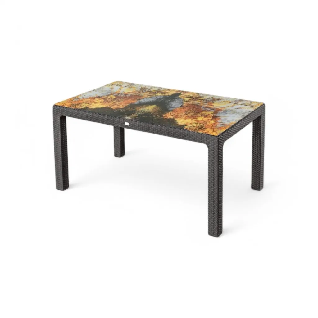 Rattan asztal színes üveg 150x90 cm barna