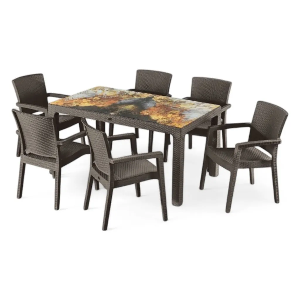 Rattan asztal színes üveg 150x90 cm barna